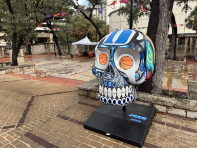 A smiling blue and black skull with basketball eyes.